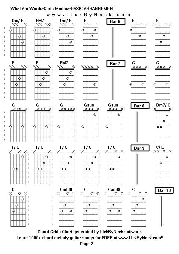 Chord Grids Chart of chord melody fingerstyle guitar song-What Are Words-Chris Medina-BASIC ARRANGEMENT,generated by LickByNeck software.